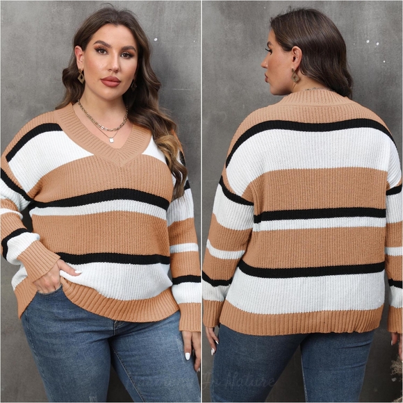 Bold Lines V-Neck Sweater - Camel - Picture 1 of 4
